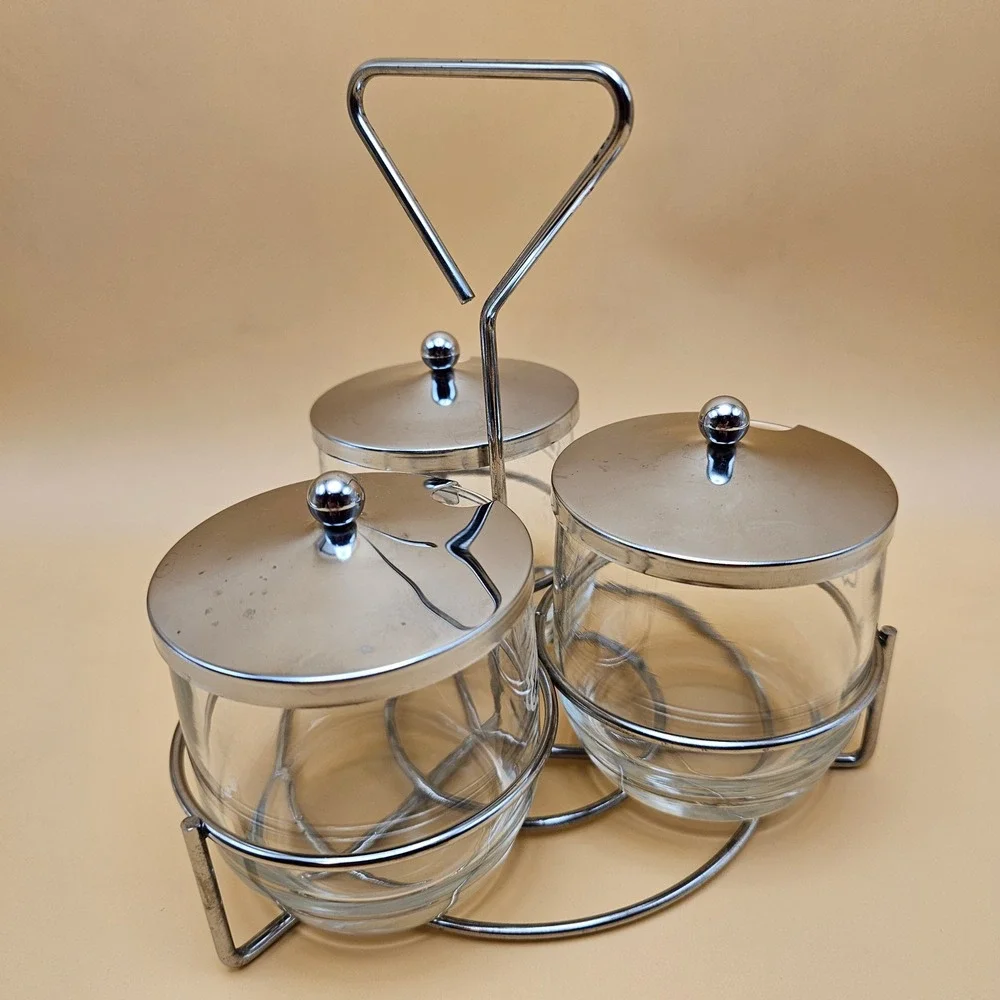 Vintage Smuckers‎ Glass Jam Jelly Condiment Jars Set of 3 with Metal Caddy